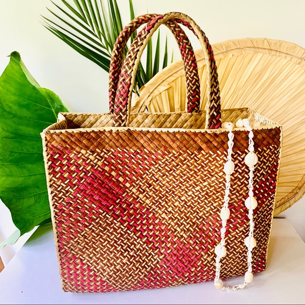 Vintage Brown and Pink Woven Tote Bag